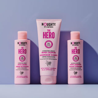 Noughty The Hero hydrating cream body scrub for dry, parched and dehydrated skin. Natural body care vegan cruelty free natural sulphate free paraben free